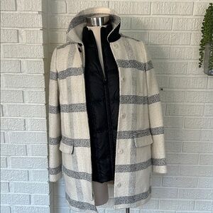 Tory Burch Cream and Black Striped  Coat with black puffer vest